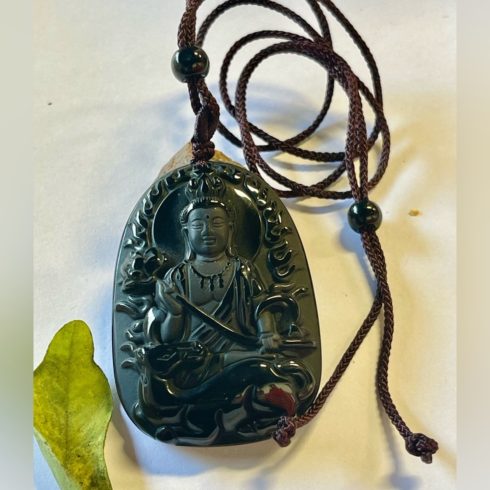 Natural Black Obsidian Guan Yin Carved Pendant With Cord Necklace